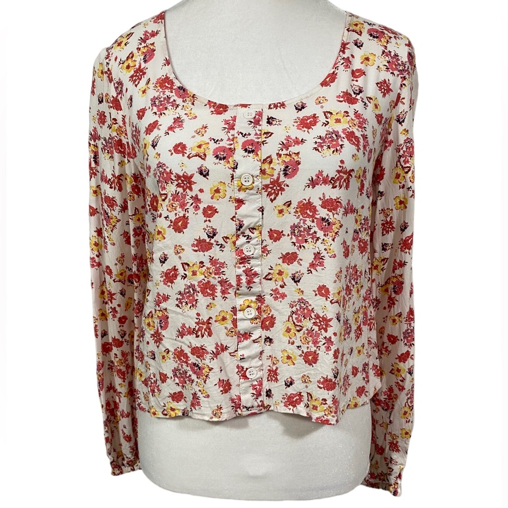Love Fire Floral Long Sleeve Button Up Crop Top Blouse Women’s Medium Boho Hi-Lo
